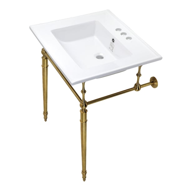 Fauceture KVPB25227W4BB 25-Inch Console Sink with Brass Legs (4-Inch, 3 Hole), White/Brushed Brass KVPB25227W4BB - main